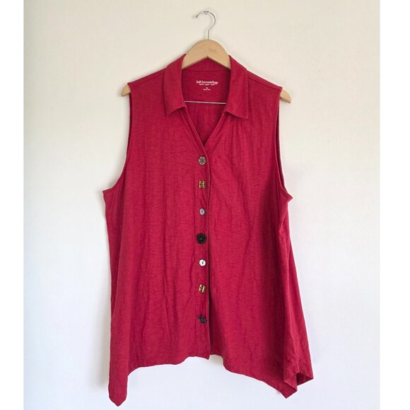 Soft Surrounding Red Cotton Sleeveless Blouse Shirt with Statement Buttons - Picture 1 of 12